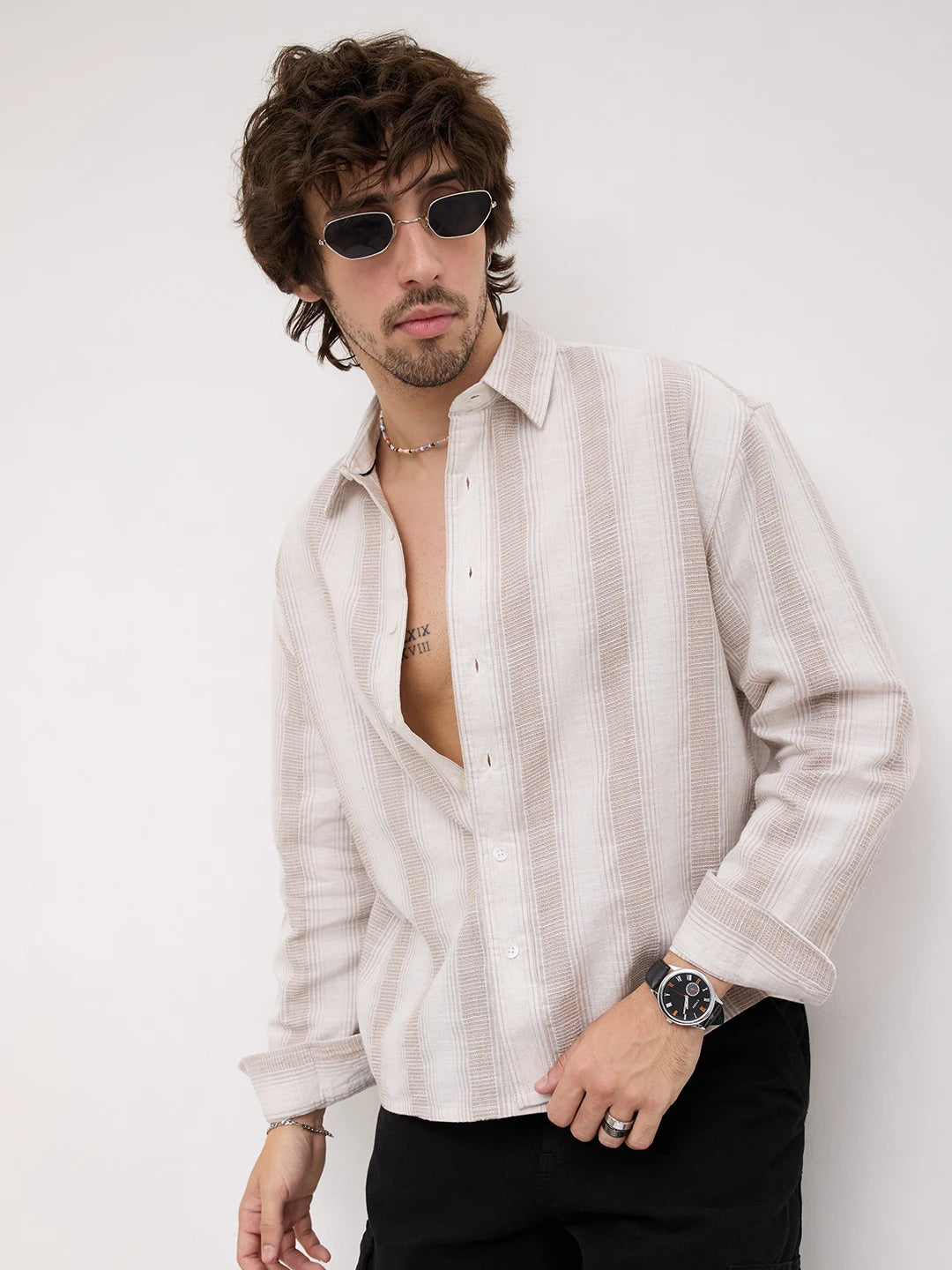Premium Natural Beige Finegrain Striped Boxy Fit Crop Shirt