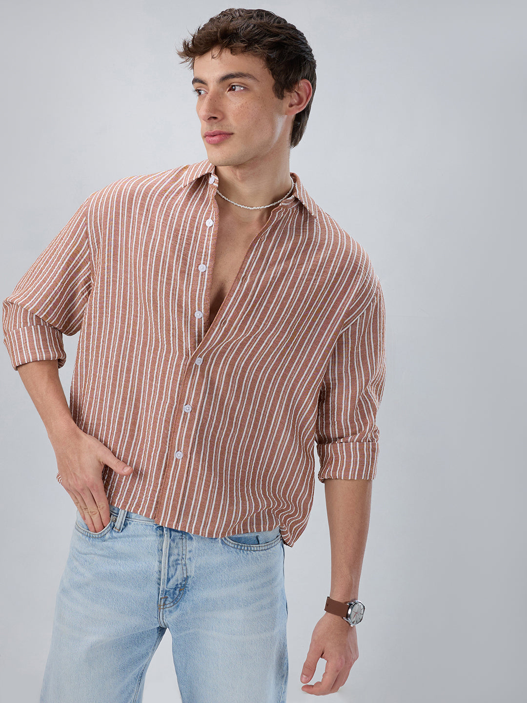 Russet Brown Striped Crinkled Boxy-Fit Crop Shirt