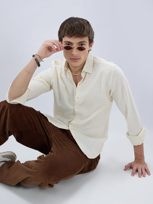 Pearl Cream Micro Grid Weave Textured Shirt