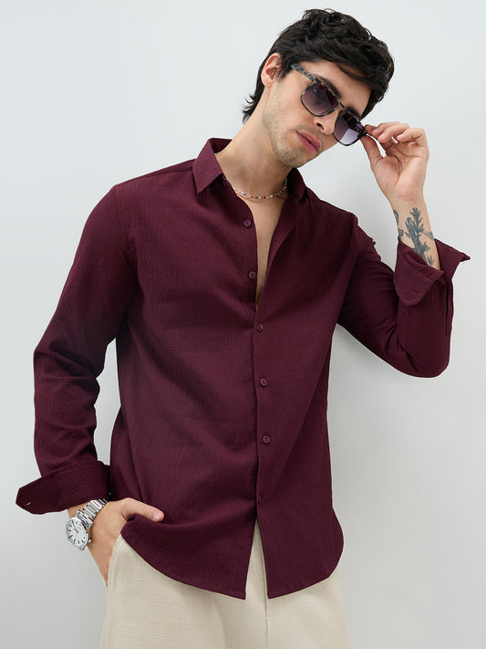 Deep Wine Minimal Weave Crinkled Shirt