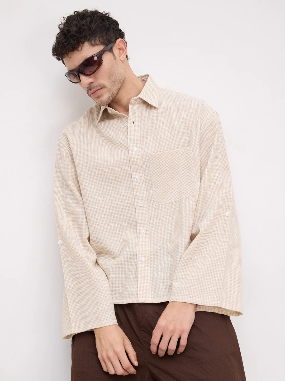 French Beige Openweave Micro Checks Cuffless Oversized Crop Shirt