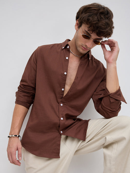 Warm Brown Herringbone Textured Button-Down Shirt