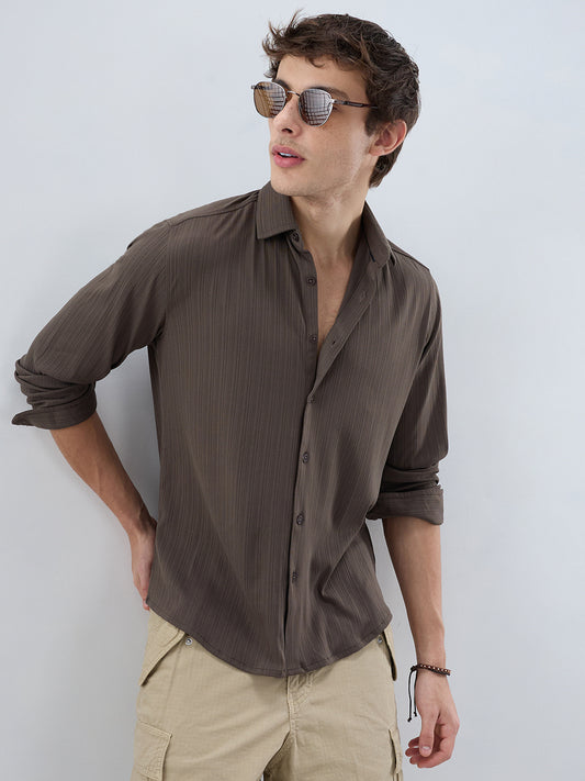 Carbon Grey Fine Vertical Ribbed Knitted Shirt