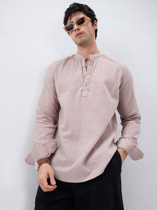 Taupe Beige Seersucker Striped Kurta