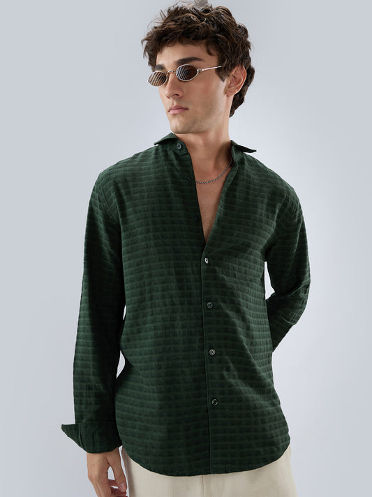 Emerald Green Horizontal Jacquard Striped Shirt