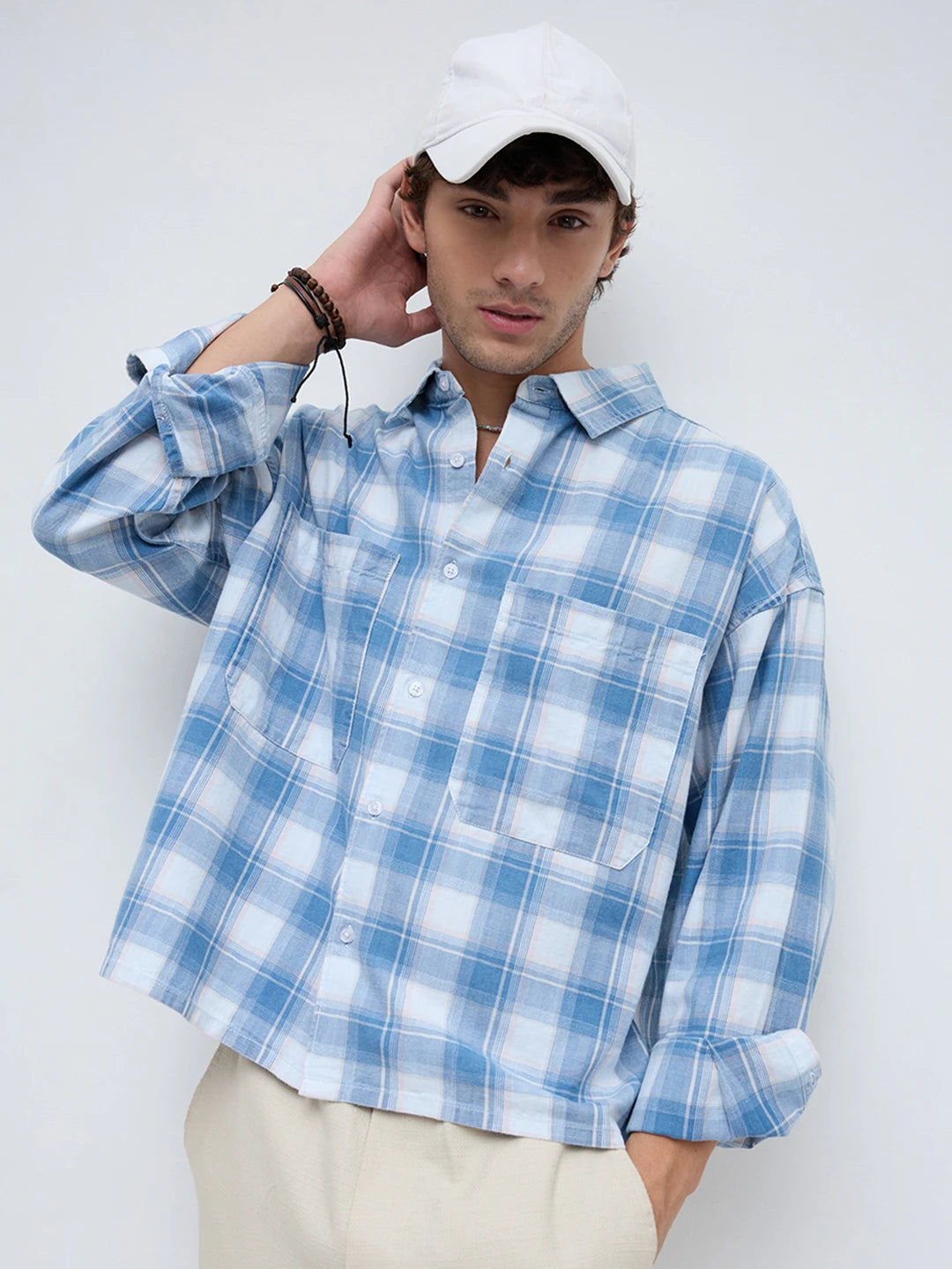 Denim Blue & White Plaid Twin Pocket Oversized Crop Shirt