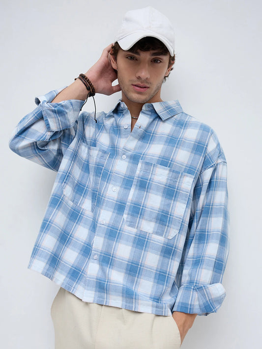 Denim Blue & White Plaid Twin Pocket Oversized Crop Shirt