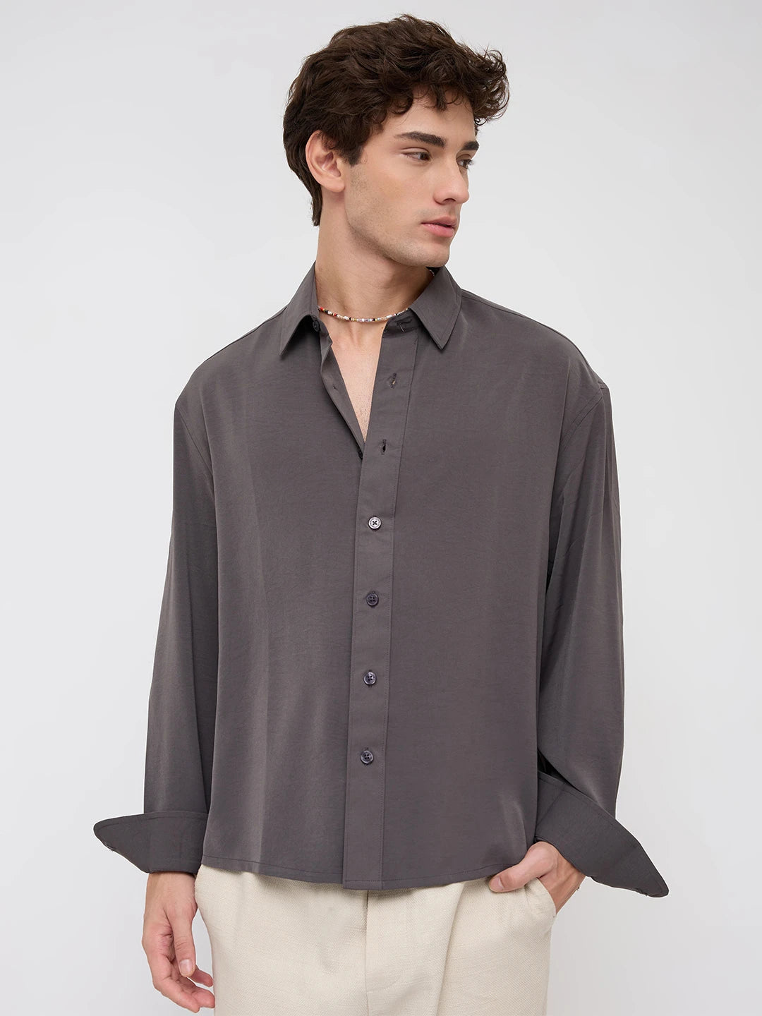 Luxe Charcoal Grey Ultra Soft Boxy Fit Crop Shirt