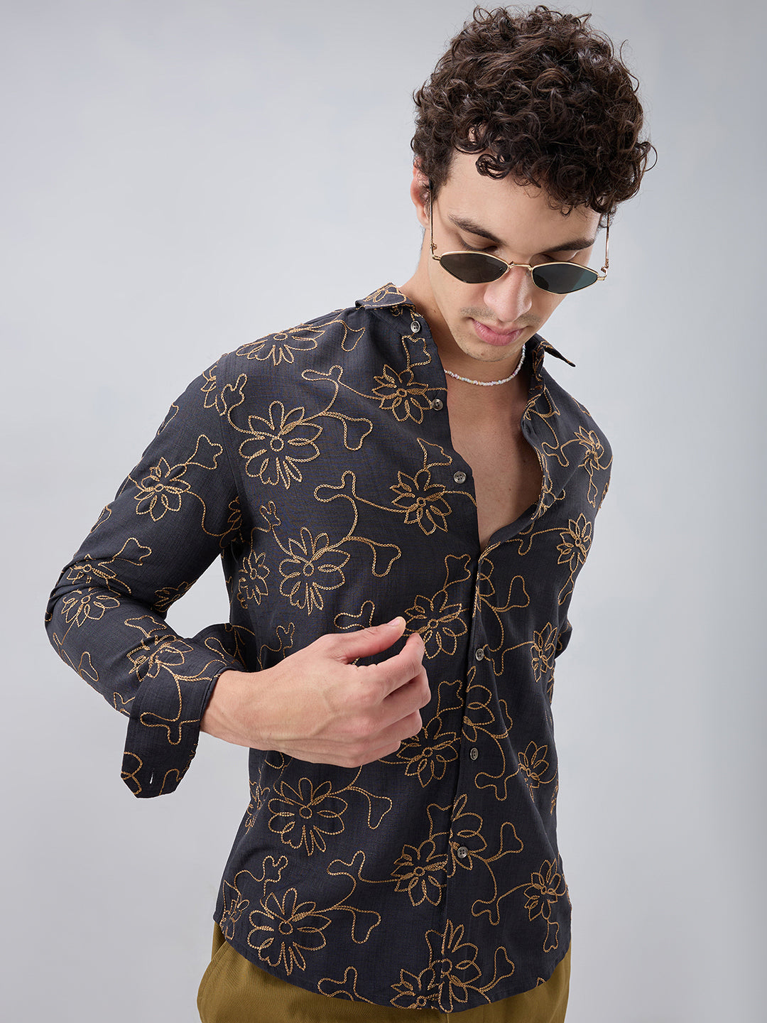 Grey Slub Textured Floral Contrast Embroidered Shirt