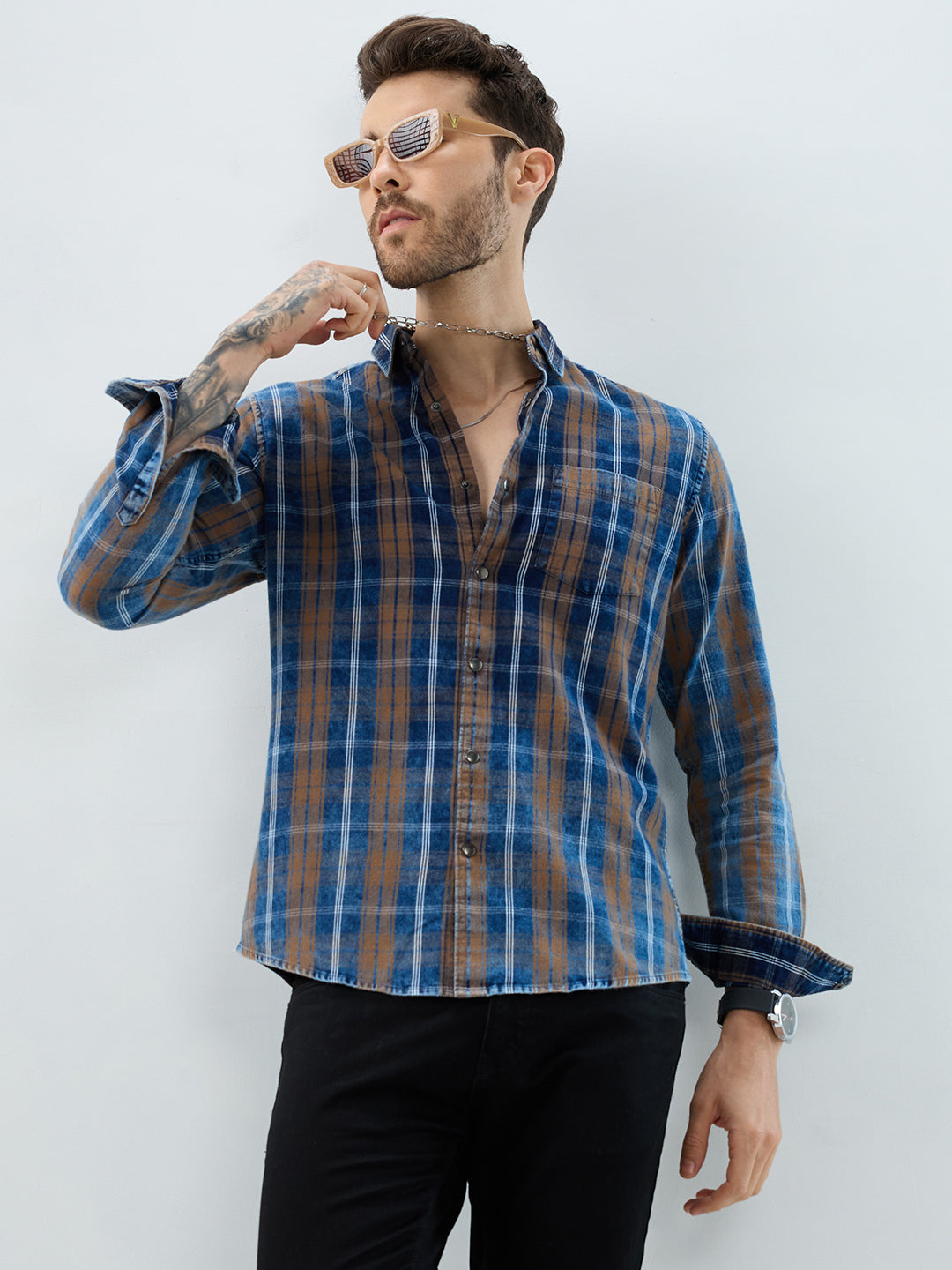 Classic Camel Brown Nightfall Denim Tartan Checks Shirt