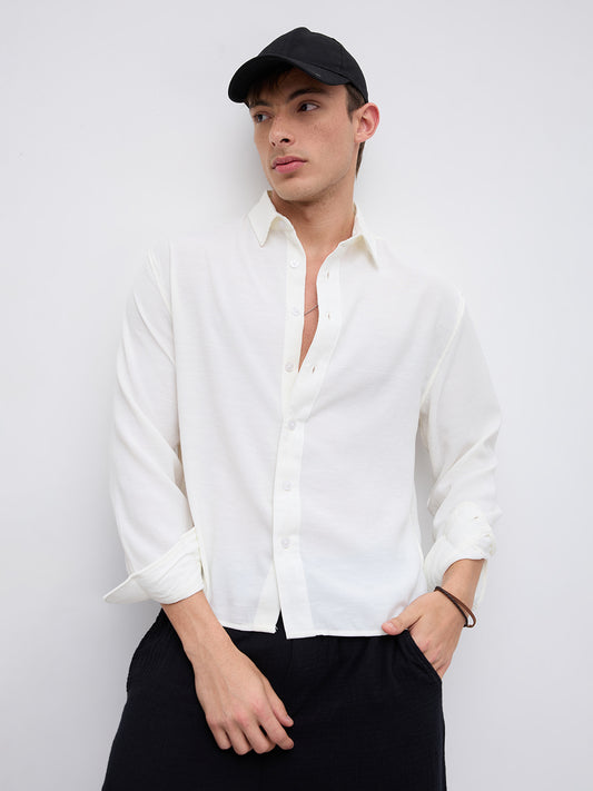 Pearl White Slub Crinkled Boxy Fit Crop Shirt