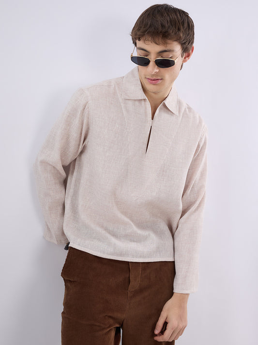 Brownish Tint Textured Cuffless Oversized Shirt