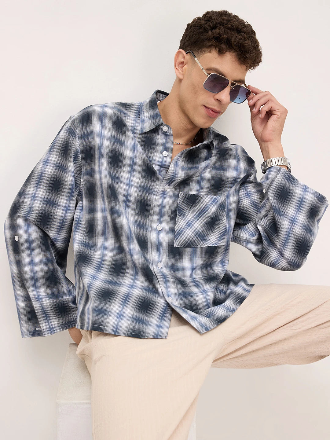 Opulent Slate Blue Plaid Checks Cuffless Boxy Fit Crop Shirt