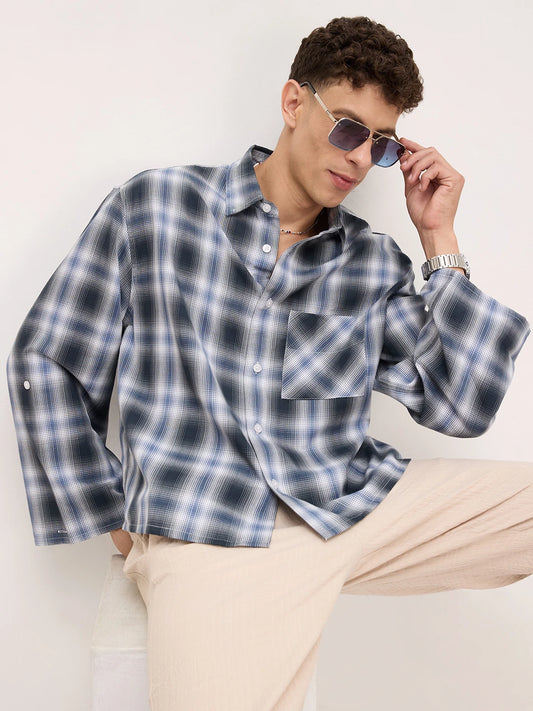 Opulent Slate Blue Plaid Checks Cuffless Boxy Fit Crop Shirt