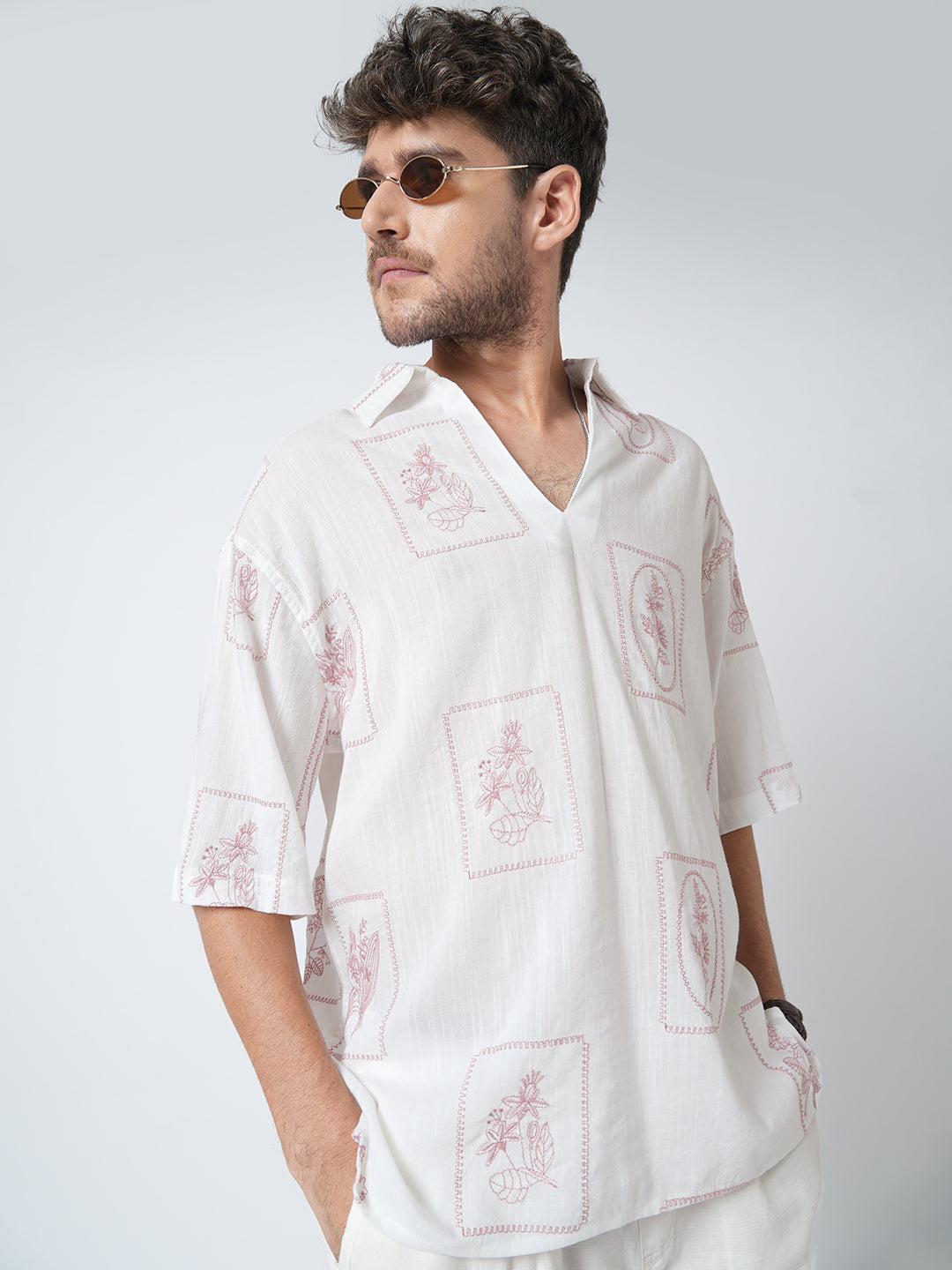 Old Rose Pink Floreal Frame Embroidery Polo Oversized Shirt