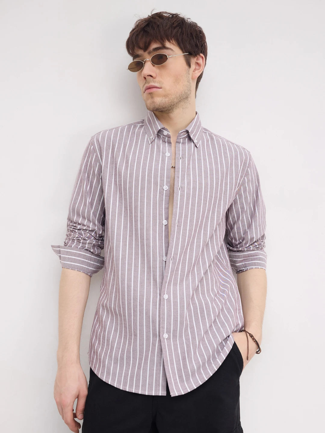 Brick Brown Candy Striped Oxford Button-Down Collar Shirt