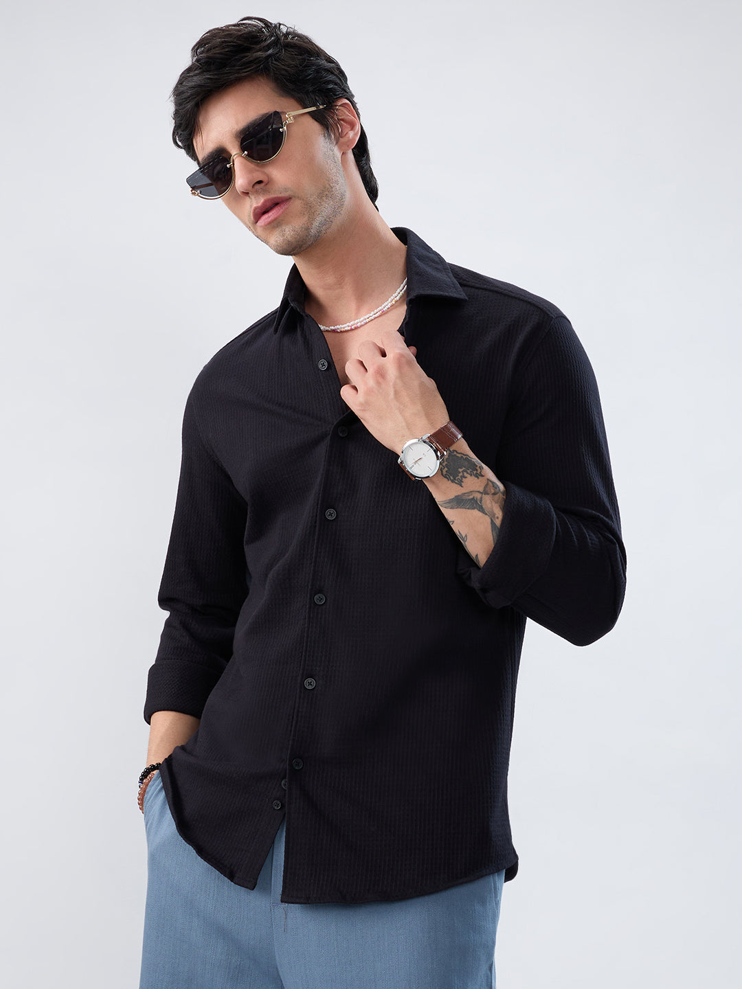 Black Jacquard Knit Everyday Shirt