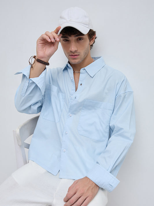Light Blue Solid Double Pocket Boxy Fit Crop Shirt