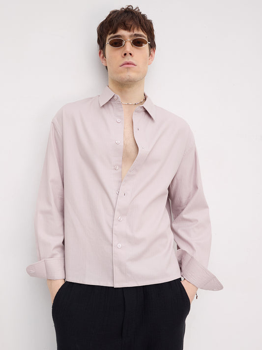 Warm Beige Herringbone Textured Boxy Fit Crop Shirt