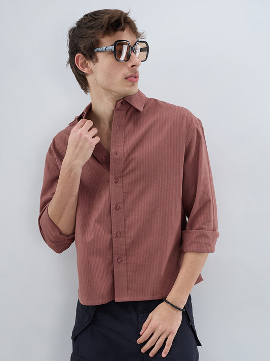 Dusty Brownish Pink Airy Striped Weave Boxy Fit Crop Shirt