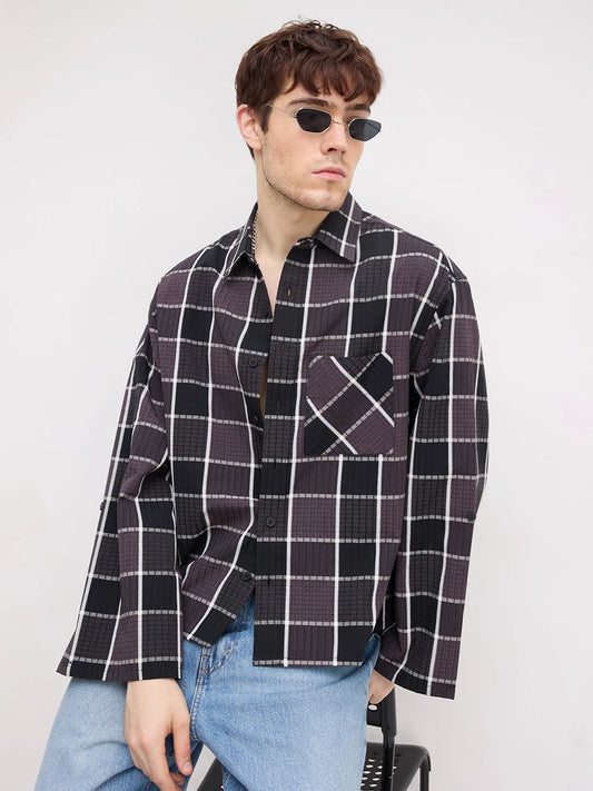 Artisan Esspresso Brown Square Checks Cuffless Oversized Crop Shirt