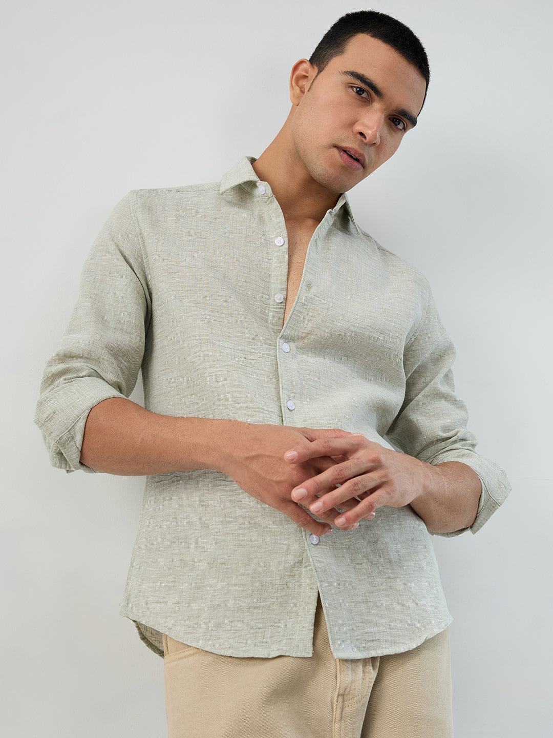 Moss Green Crinkled Textured Shirt