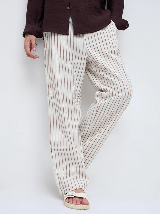 Artistic Ivory & Brown Burlap Striped Straight Fit Trousers