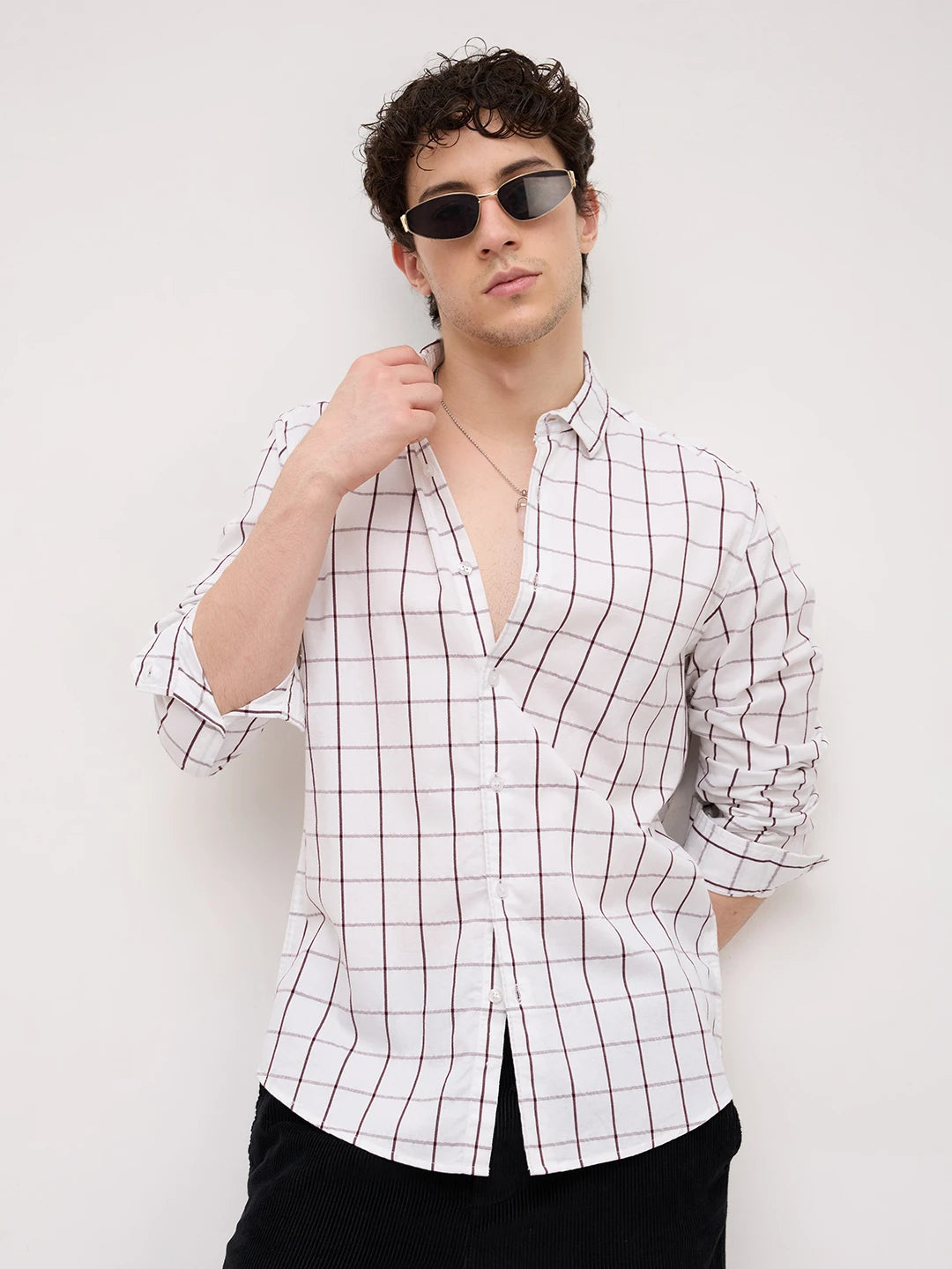 Snow White Geometric Detailed Checks Shirt