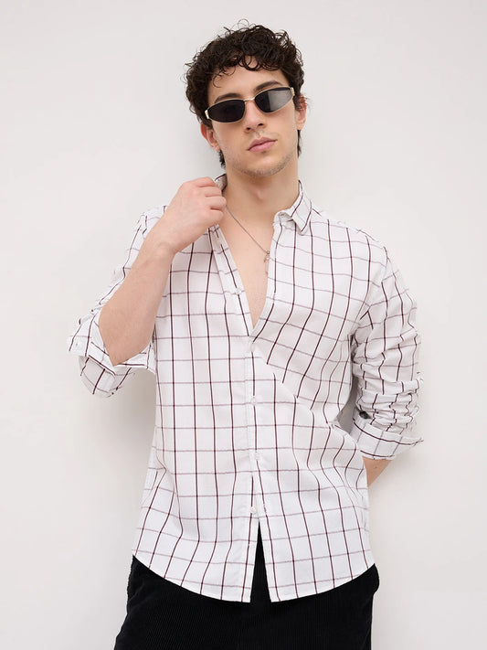 Snow White Geometric Detailed Checks Shirt