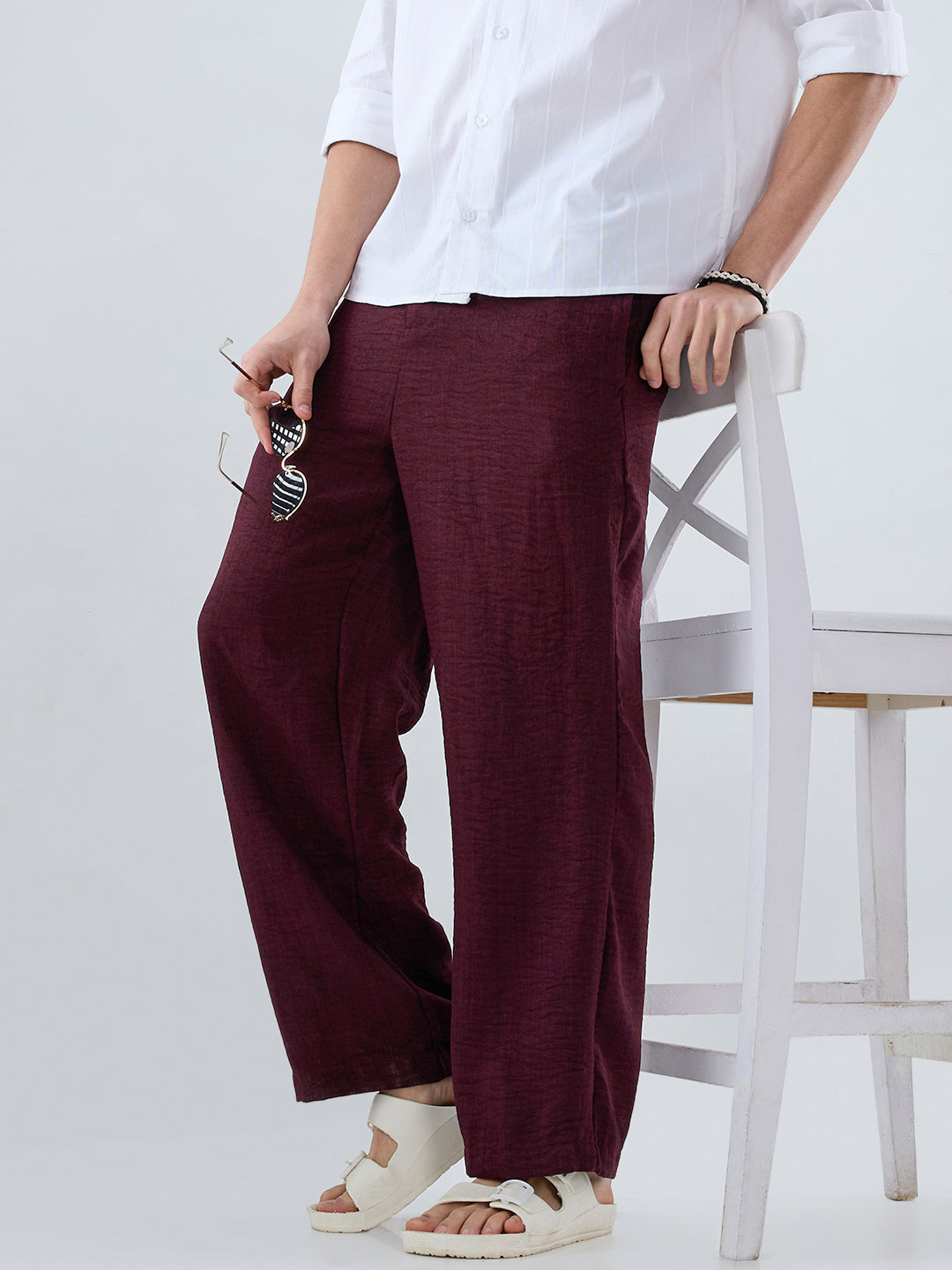 Maroon Slub Textured Wide-Leg Trousers