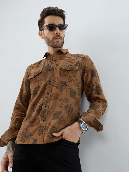 Russet Brown Royal Motif Heritage Twin Pocket Corduroy Shirt