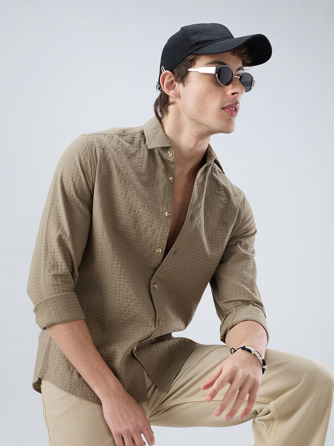 Soft Olive Box Textured Weave Double Cloth Shirt