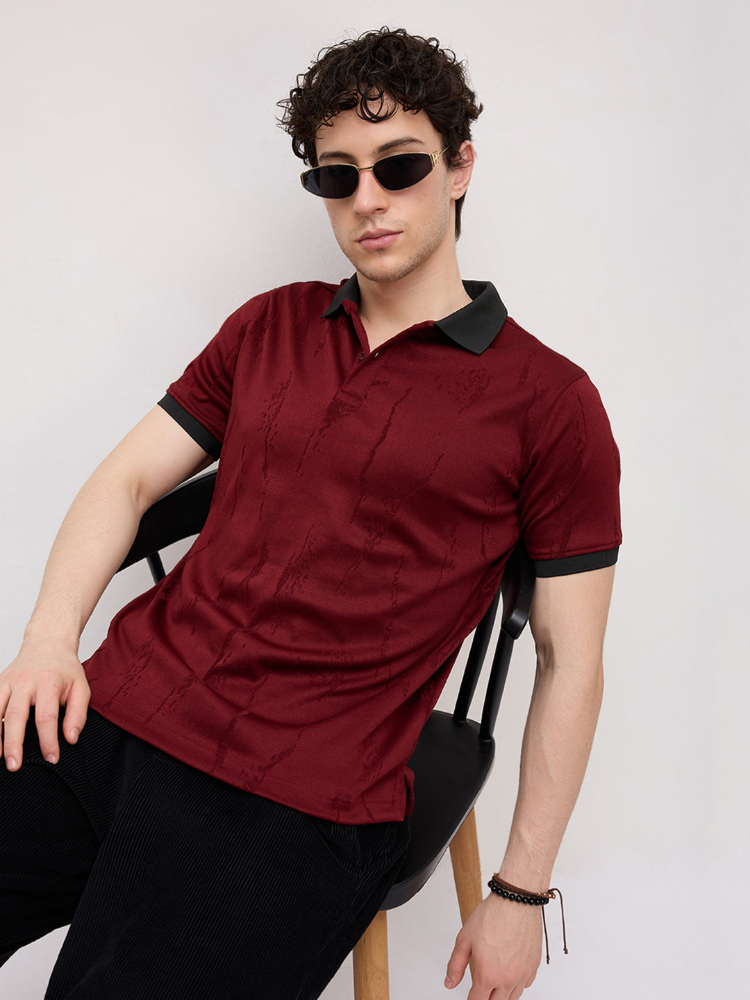 Aesthetic Maroon Textured Contrast Polo Knit T-Shirt