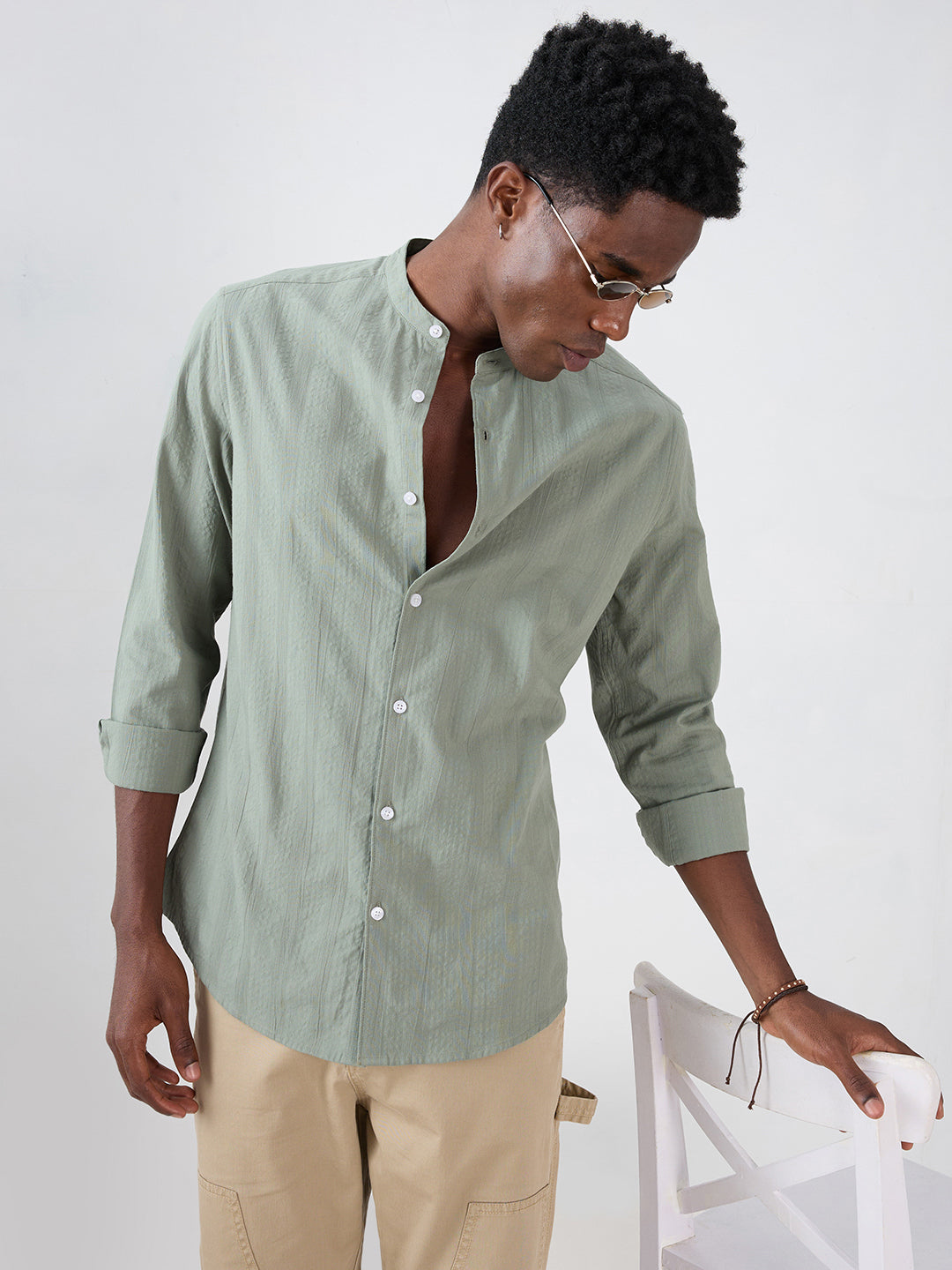 Asparagus Green Seersucker Striped Mandarin Shirt