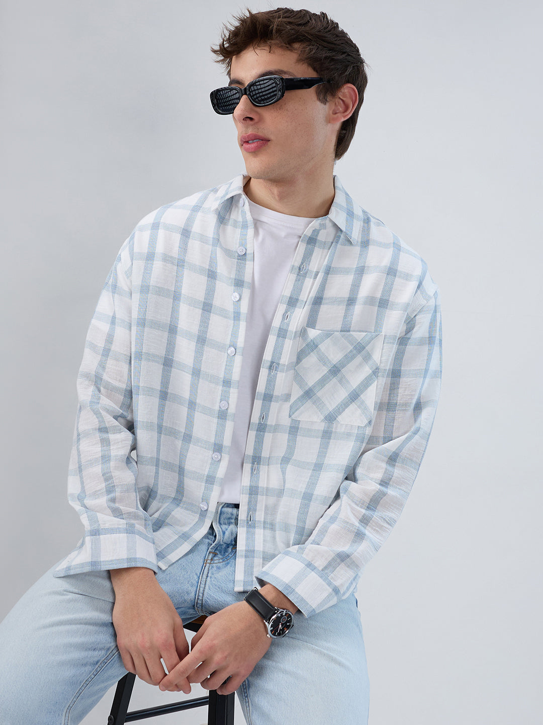 Blue & White Tartan Checkered Boxy Fit Crop Shirt