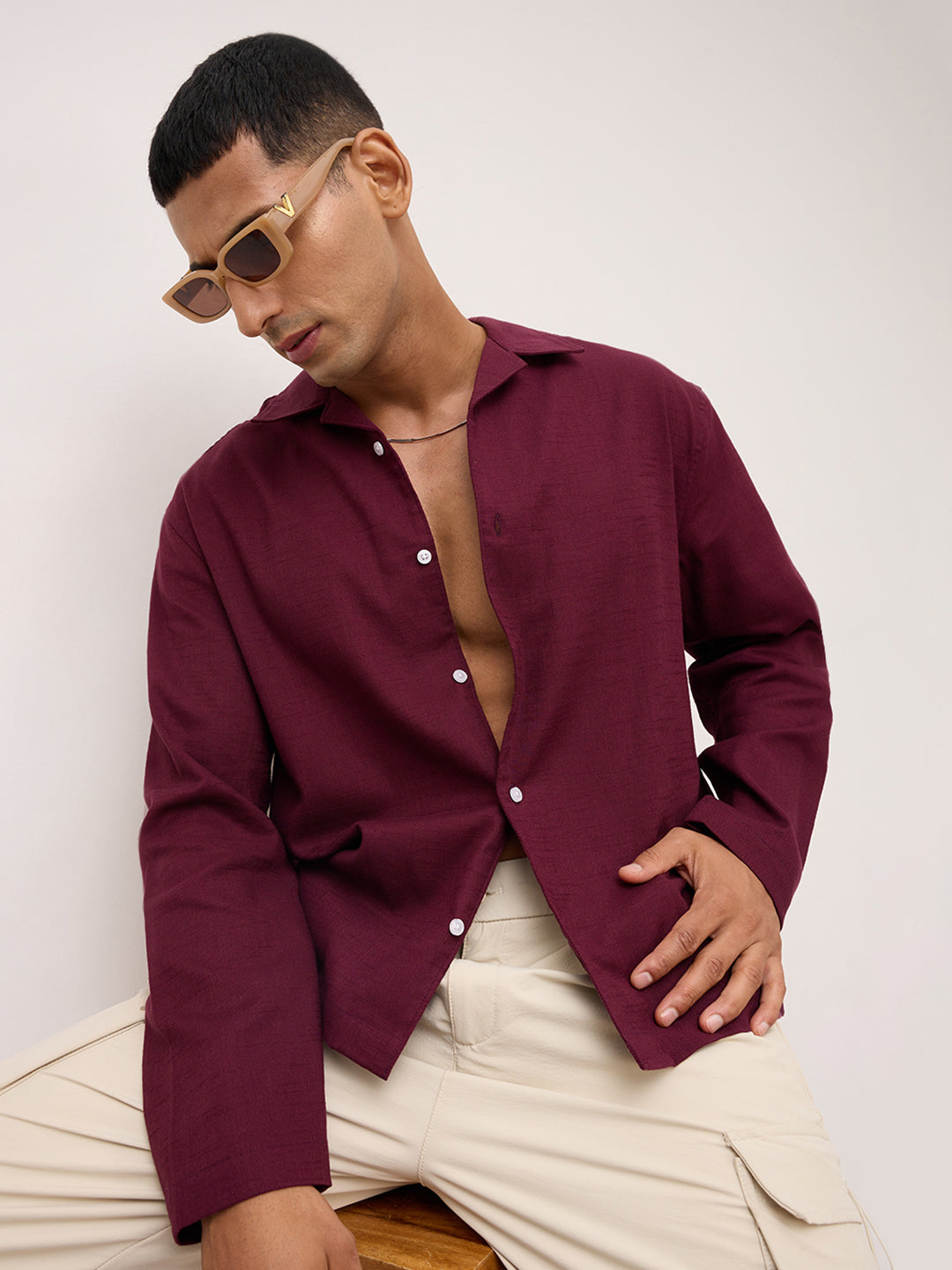 Maroon Fine Sheer Slub Textured Oversized Resort Collar Shirt