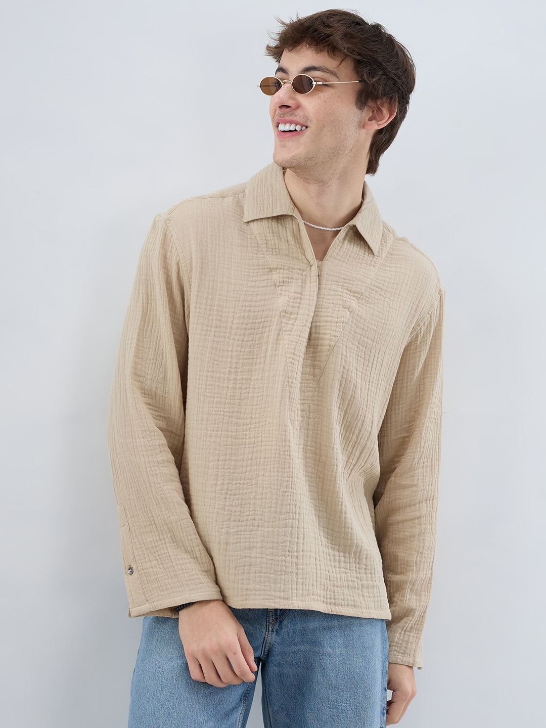 Latte Beige Double Cloth Cuffless Oversized Shirt
