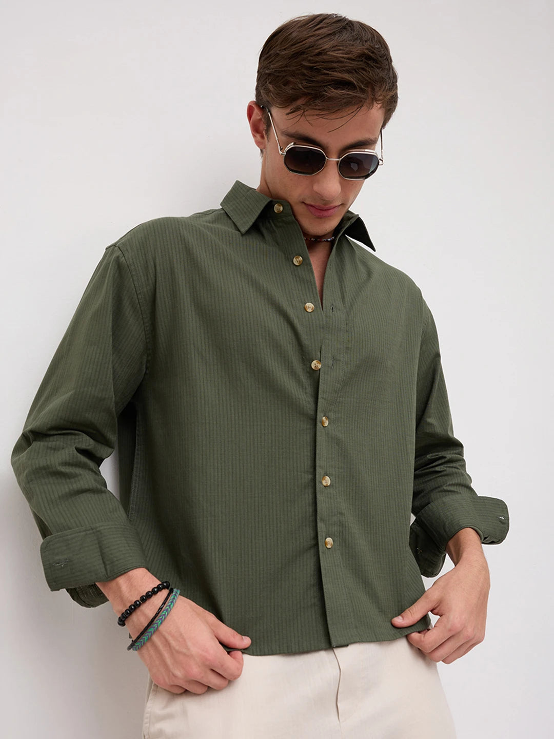 Forest Green Sheer Slub Striped Boxy Fit Crop Shirt