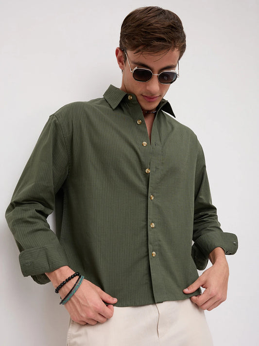 Forest Green Sheer Slub Striped Boxy Fit Crop Shirt