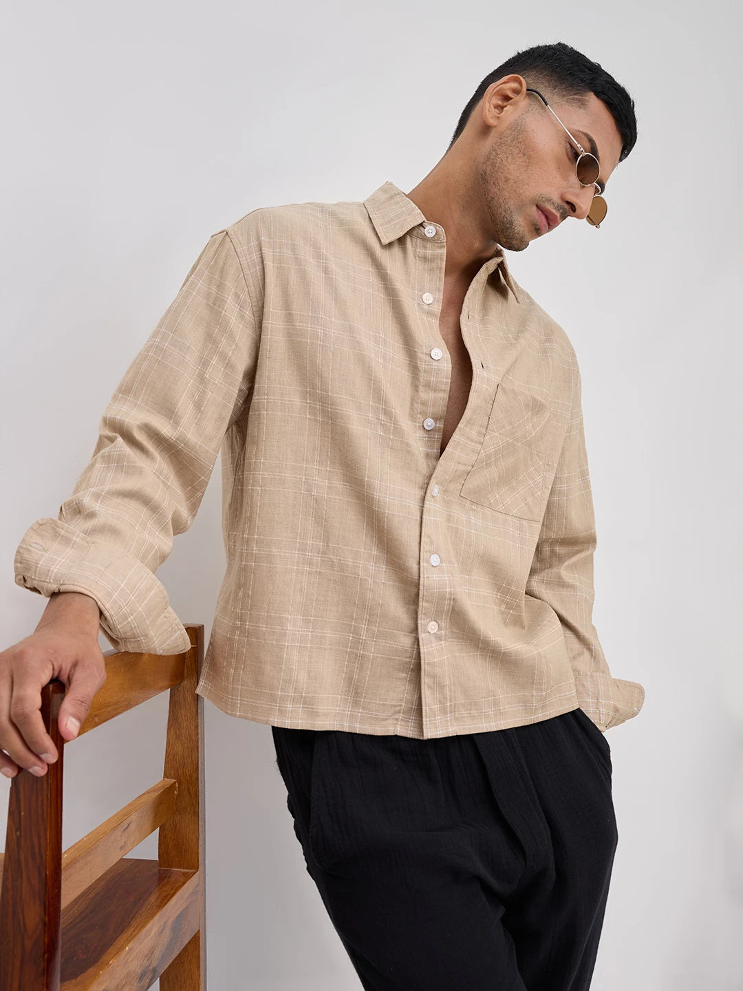 Sand Beige Windowpane Check Boxy Fit Crop Shirt