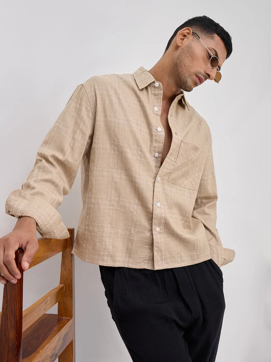 Sand Beige Windowpane Check Boxy Fit Crop Shirt