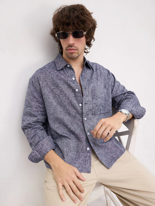 Navy Melange Textured Boxy Fit Crop Shirt