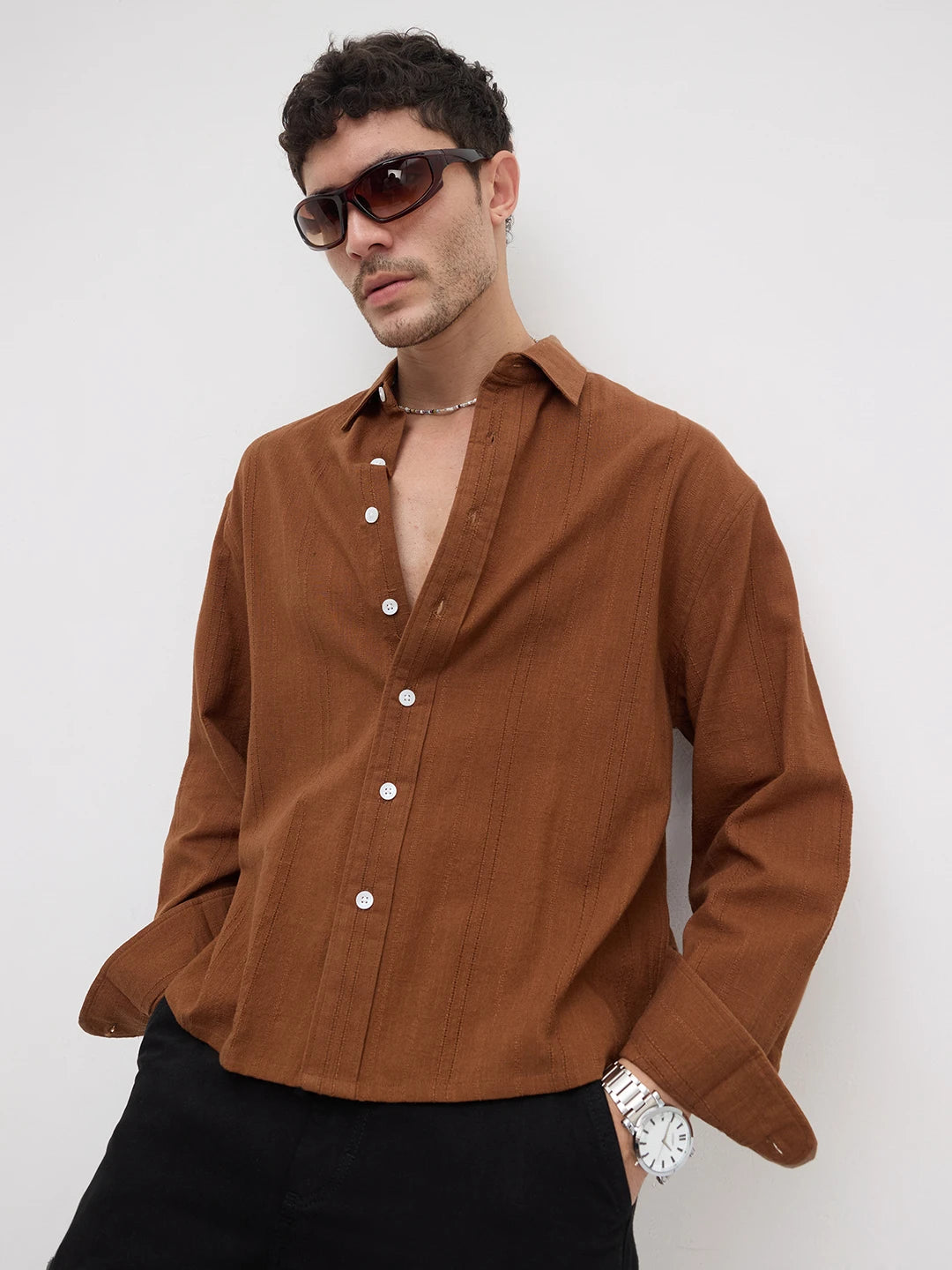 Iconic Brown Sheer Striped Boxy Fit Crop Shirt