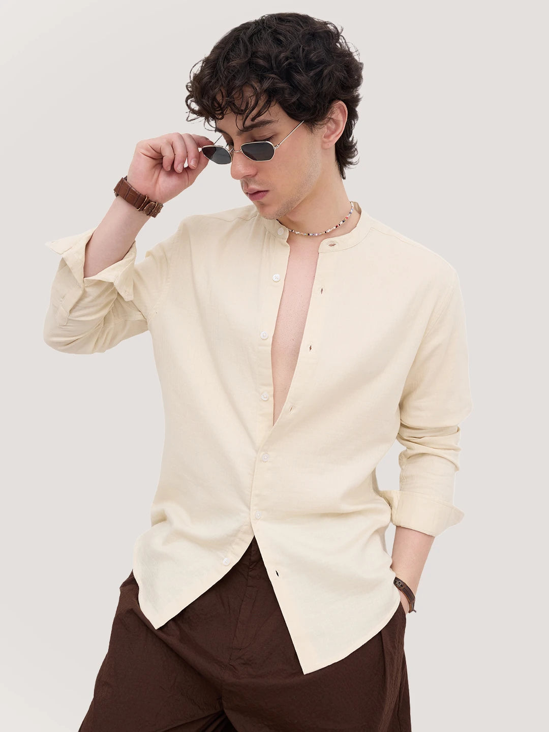 Bisque Beige Herringbone Textured Mandarin Shirt