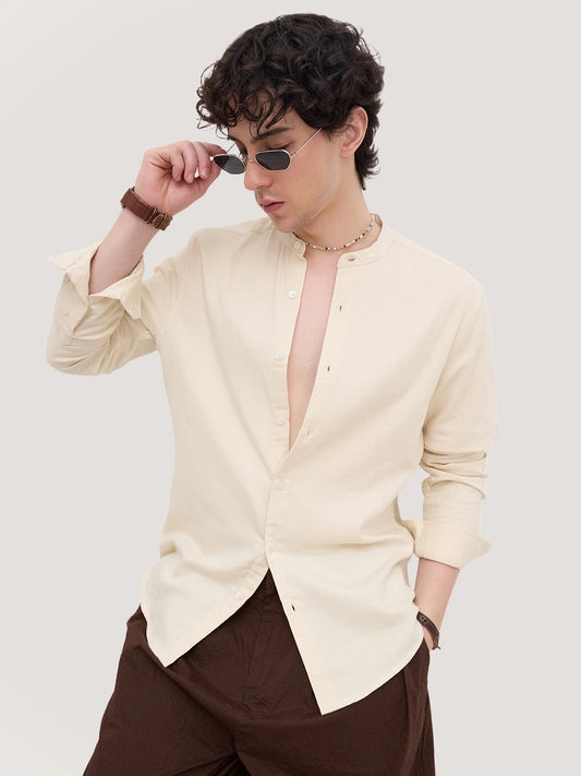 Bisque Beige Herringbone Textured Mandarin Shirt