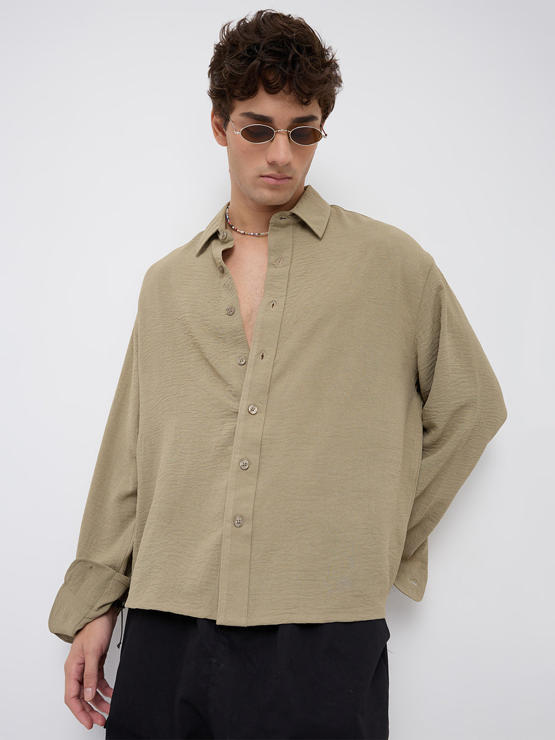 Plush Olive Lightweight Crinkled Boxy Fit Crop Shirt