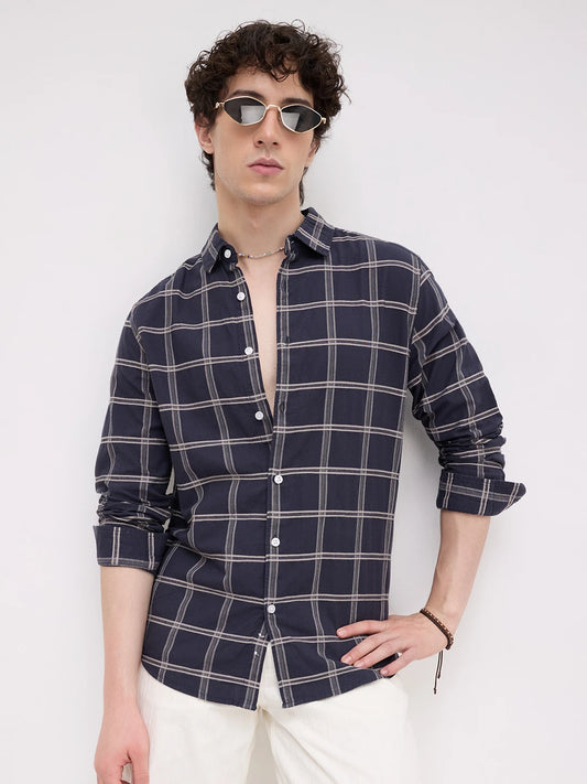 Navy Dimensional Contrast Windowpane Checks Shirt