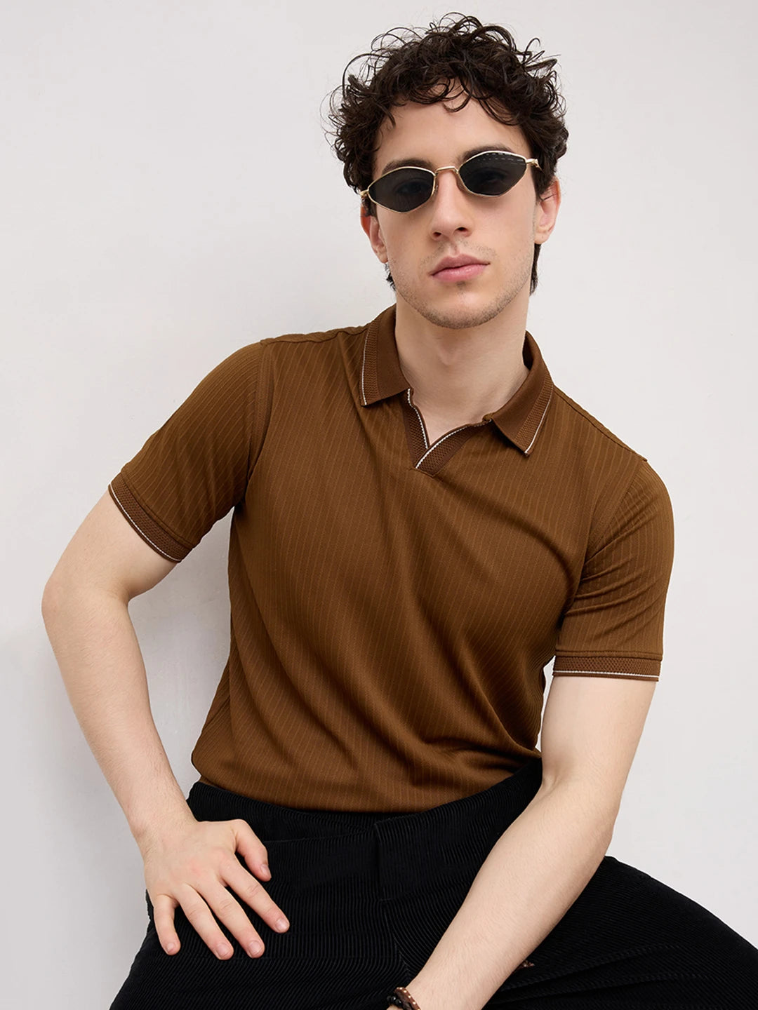 Chocolate Brown Striped Weave Polo Tee