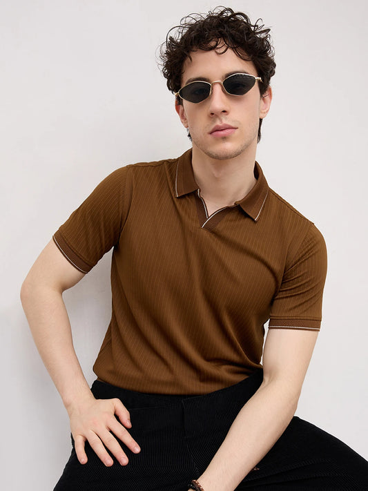 Chocolate Brown Striped Weave Polo Tee