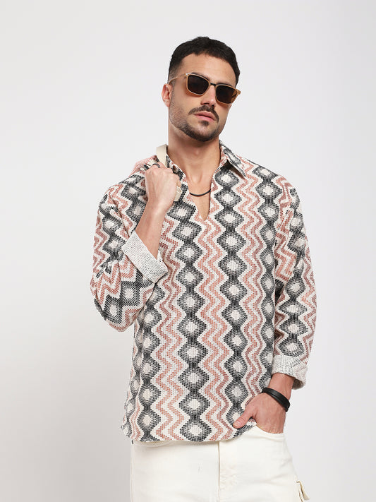 Sculpted Waves Luxe Mesh Oversized Polo Shirt